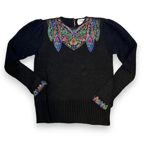 Vintage Sweater Sequin Beaded 80s Black Tunic Oversized Retro Hong Kong Small - Picture 1 of 8